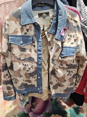 L&B Beige Cow Print Jacket with Denim Trim & Sparkle buttons.  Small & Med